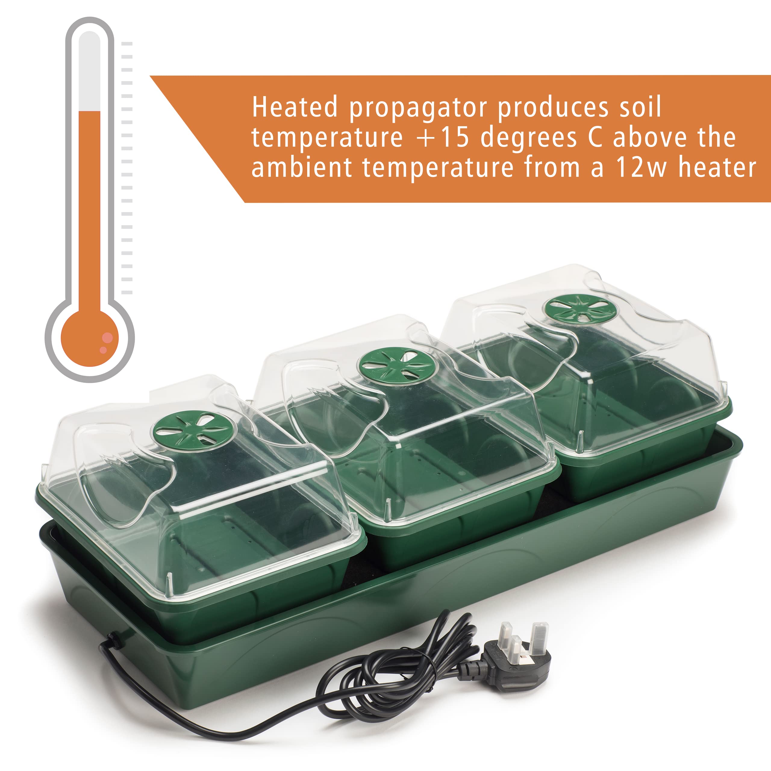 EarlyGrow Heated Electric Shatter Resistant 3-Bay Windowsill Propagator with Capillary Mat and Tray (Self-Watering)