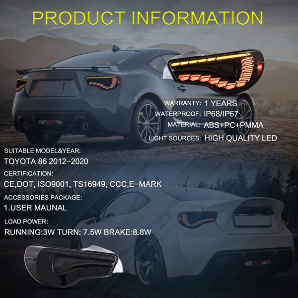 VLAND LED Tail Lights Compatible with Toyota 86 GT86 2012-2020/Subaru BRZ 2013-2020/Scion FR-S 2013-2020, Full LED Rear Light with Sequential Indicator, Red White Lens