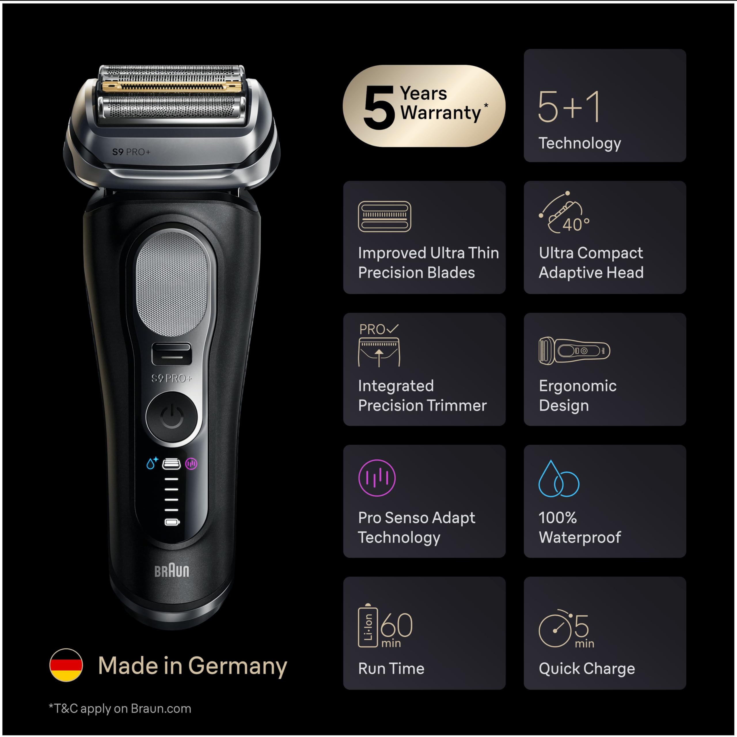 Braun Series 9 PRO+ Electric Shaver, 5+1 Ultra Thin Precision Blades, Pro SensoAdapt, Up to 60 min, Charging Stand, Wet & Dry Foil Razor for Men, 9610SI, Black