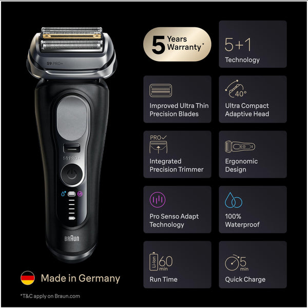 Braun Series 9 PRO+ Electric Shaver, 5+1 Ultra Thin Precision Blades, Pro SensoAdapt, Up to 60 min, Charging Stand, Wet & Dry Foil Razor for Men, 9610SI, Black