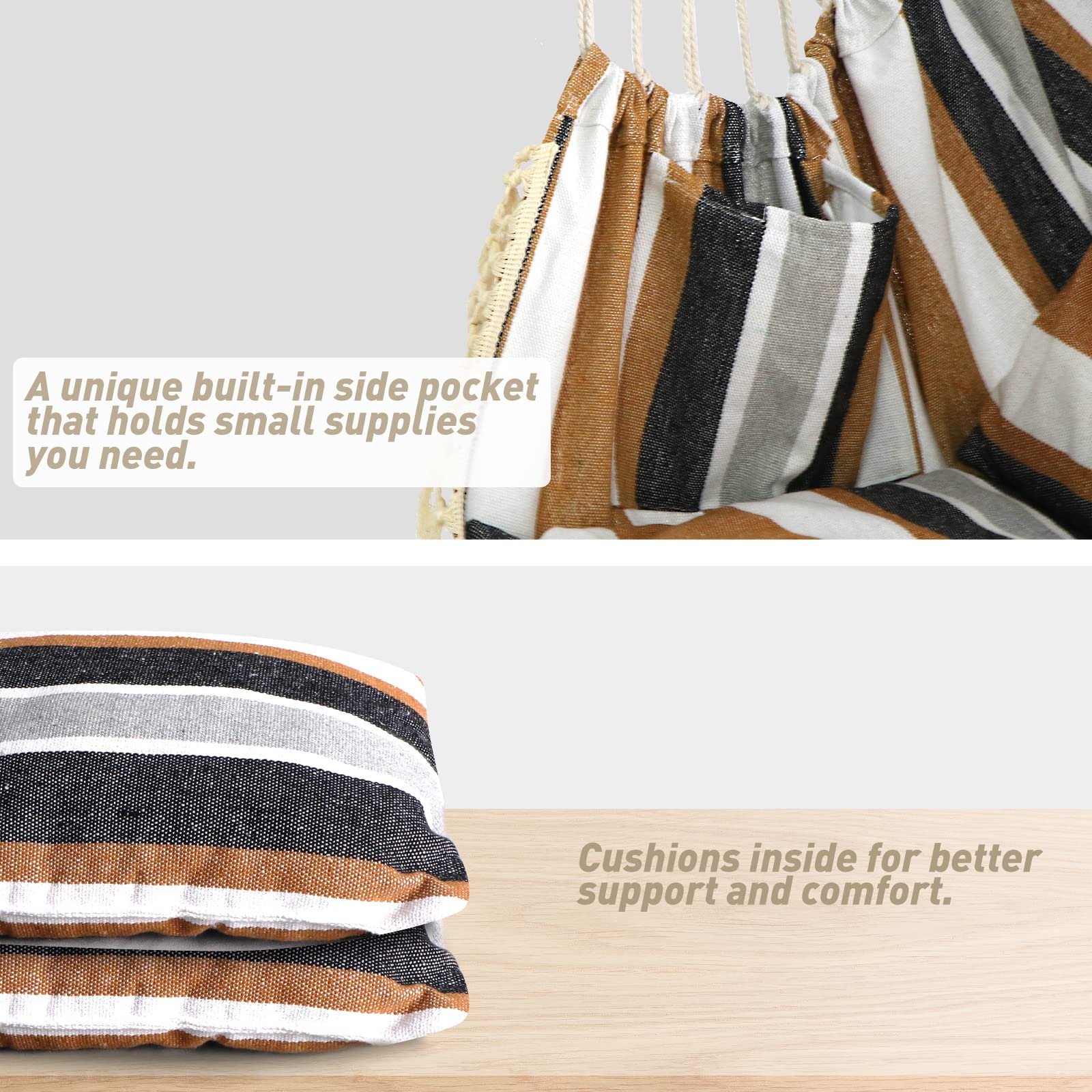 Chihee Hammock Chair Hanging Swing Max 500 Lbs 2 Cushions Included Steel Spreader Bar with Anti-Slip Grooves Portable Hanging Chair Side Pocket Large