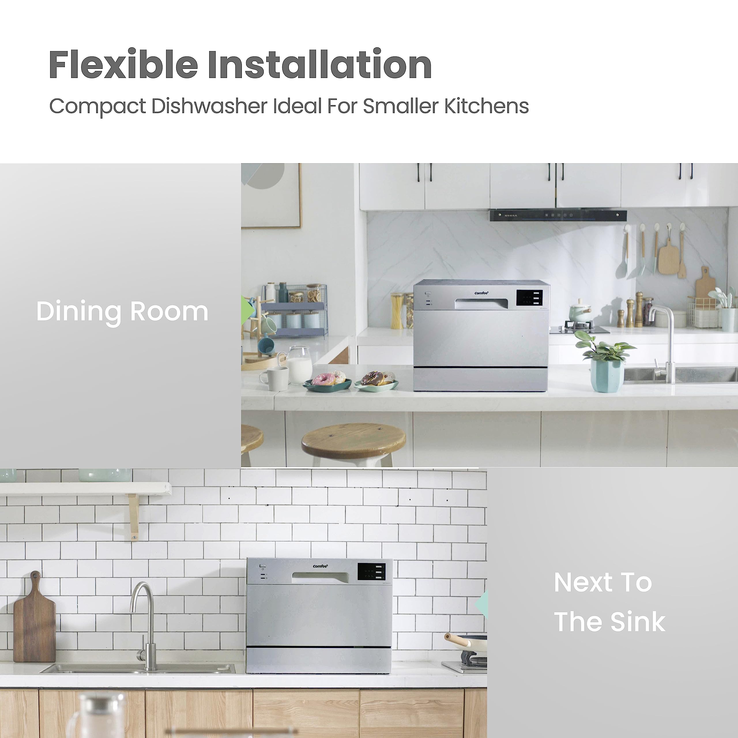 COMFEE' Table Top Dishwasher with 6 Place Settings, Mini Countertop Dishwasher for Small Families, Couples, LED display, Delay Start, 47dB Quiet Noise, White