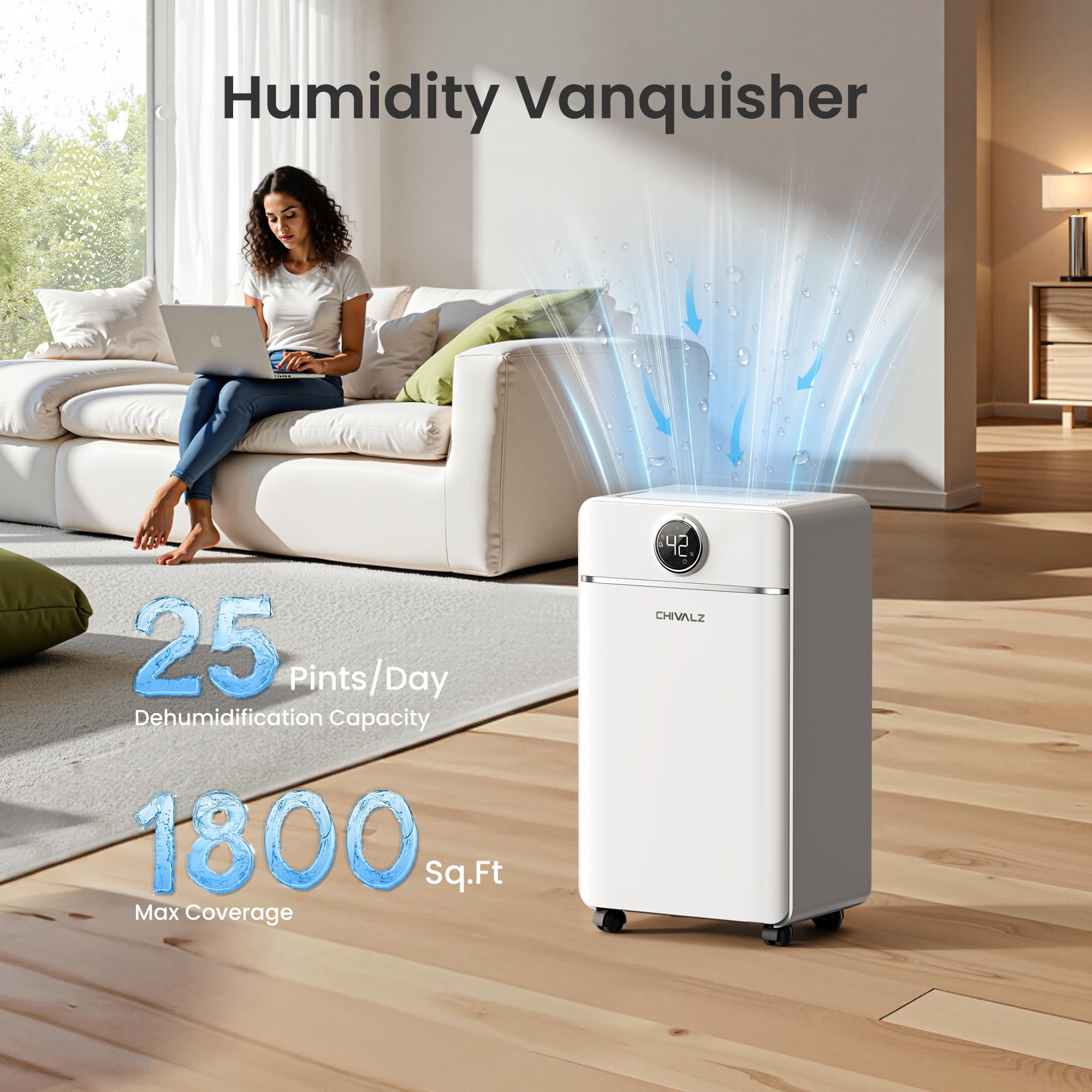 CHIVALZ 12L/24H Dehumidifiers for Home, Bedroom & Bathroom with 3 Modes, LED Display and 24H Timer, Interior Dehumidifier with Automatic Defrosting, 2L Water Tank & Drainage Hose (White, 1Pack)
