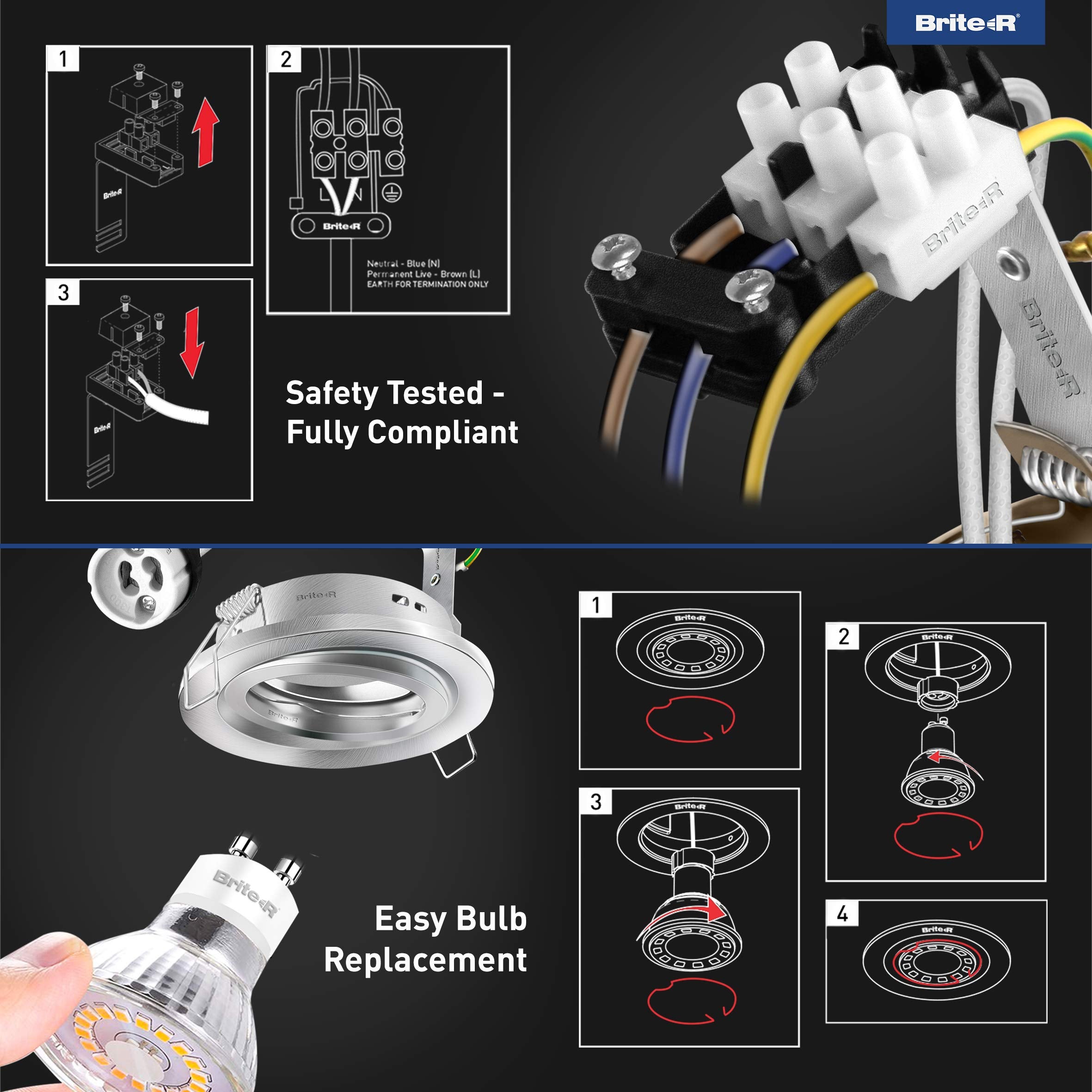 6X GU10 Tilt Swivel Downlight Satin Chrome Brite-R LED Spotlight Recessed Ceiling Light Fitting Pressed Steel IP20 Rated Halogen Compatible CE