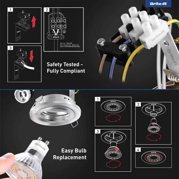 6X GU10 Tilt Swivel Downlight Satin Chrome Brite-R LED Spotlight Recessed Ceiling Light Fitting Pressed Steel IP20 Rated Halogen Compatible CE