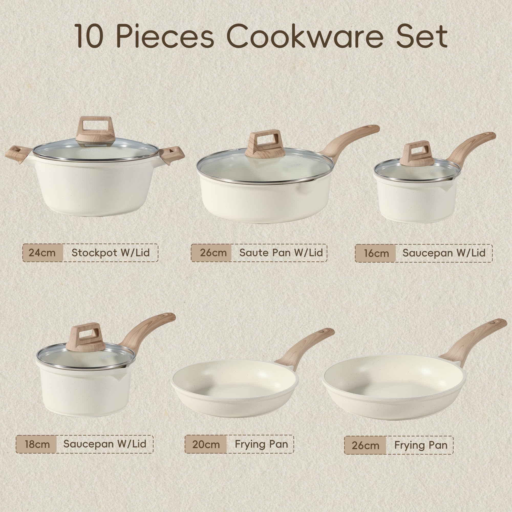 CAROTE Pots and Pans Sets Non Stick, 8 PCS White Granite Induction Hob Pan Set, Natural Non Toxic Cooking Cookware Set with Saucepan Set,Suitable for All Stoves