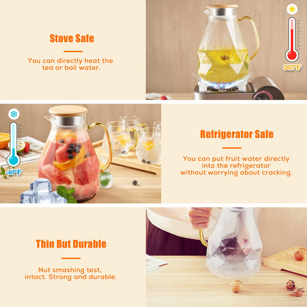 DUJUST Water Jug with 4 Cups, 1 Tray, Elegant Diamond Design Glass Jug with Handle, Decoration for Room, High Durability Pitcher Carafe for Ice Tea