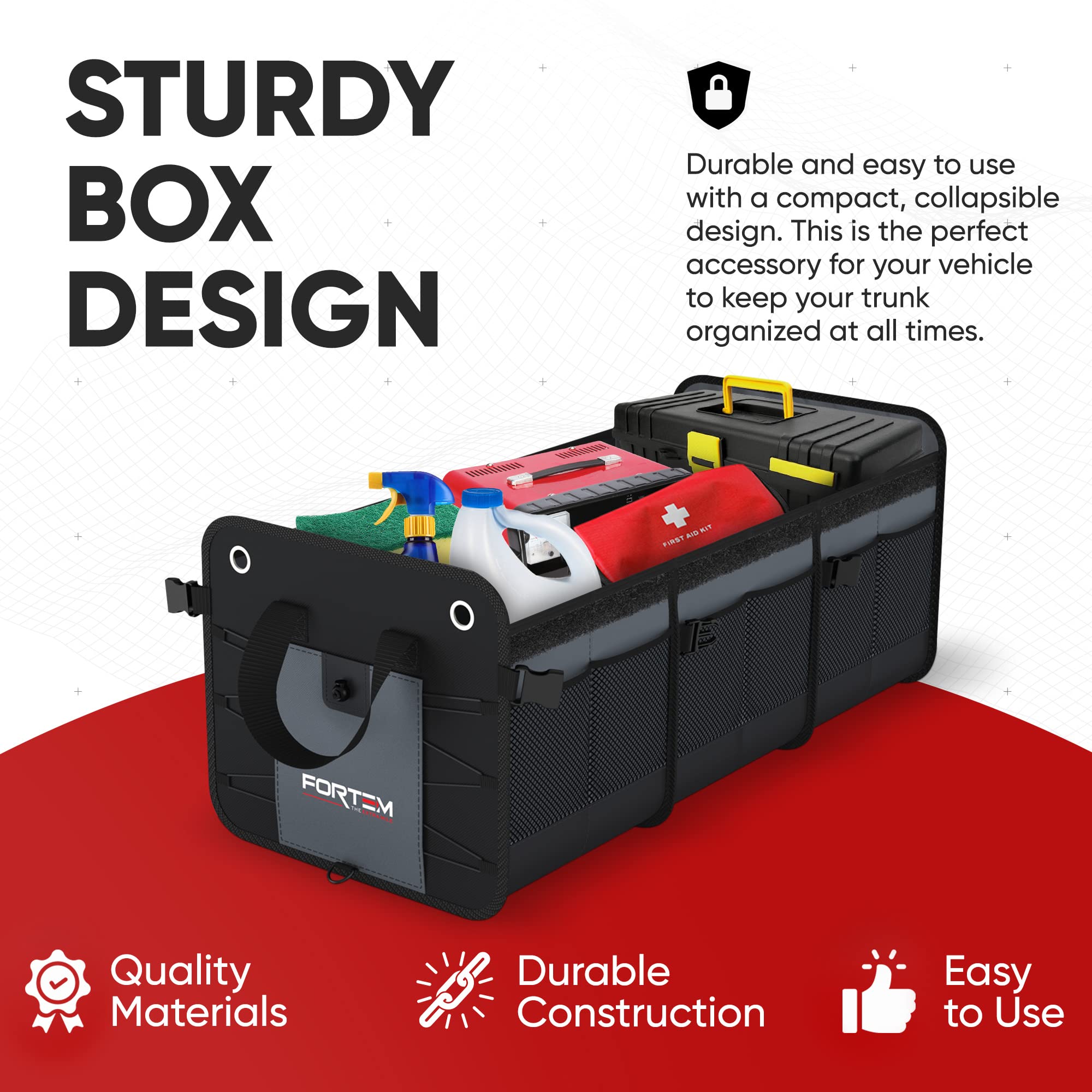 FORTEM Car Boot Organiser, SUV Boot Tidy, Trunk Storage, Collapsible Multi Compartment Car Organiser, Non Slip Bottom, Adjustable Securing Straps, Foldable Cover (65L)