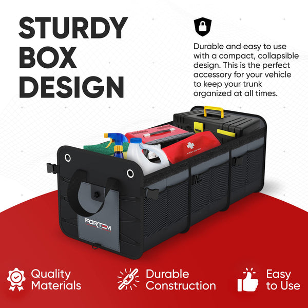 FORTEM Car Boot Organiser, SUV Boot Tidy, Trunk Storage, Collapsible Multi Compartment Car Organiser, Non Slip Bottom, Adjustable Securing Straps, Foldable Cover (65L)
