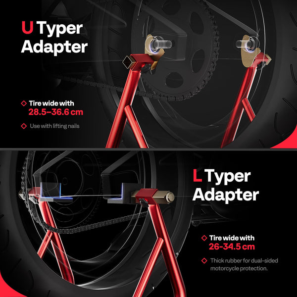 SPECSTAR Motorcycle Paddock Stand Combo 400kg Capacity Front and Rear Wheel Lift with U & L Fork Adjustable Swingarm Spool Stands for Motorbike Garage Repair Use Scissor Stand with 4 Wheels