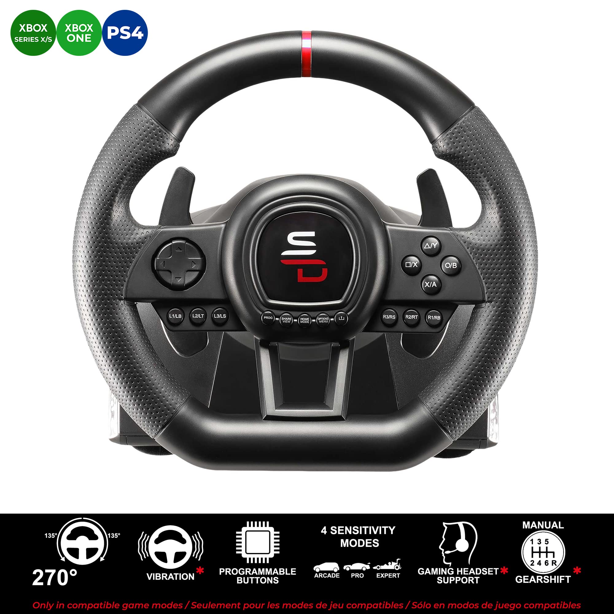 Subsonic Superdrive GS950X 900° racing wheel with manual shifter, 3 pedals and paddle shifters for Xbox Serie X/S, PS4, Xbox One (programmable)