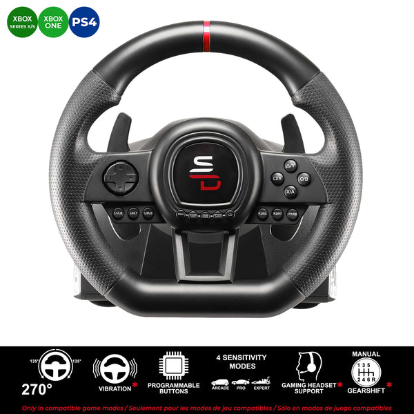 Subsonic Superdrive GS650X racing wheel with manual shifter, 3 pedals, and paddle shifters for Xbox Serie X/S, PS4, Xbox One (programmable)