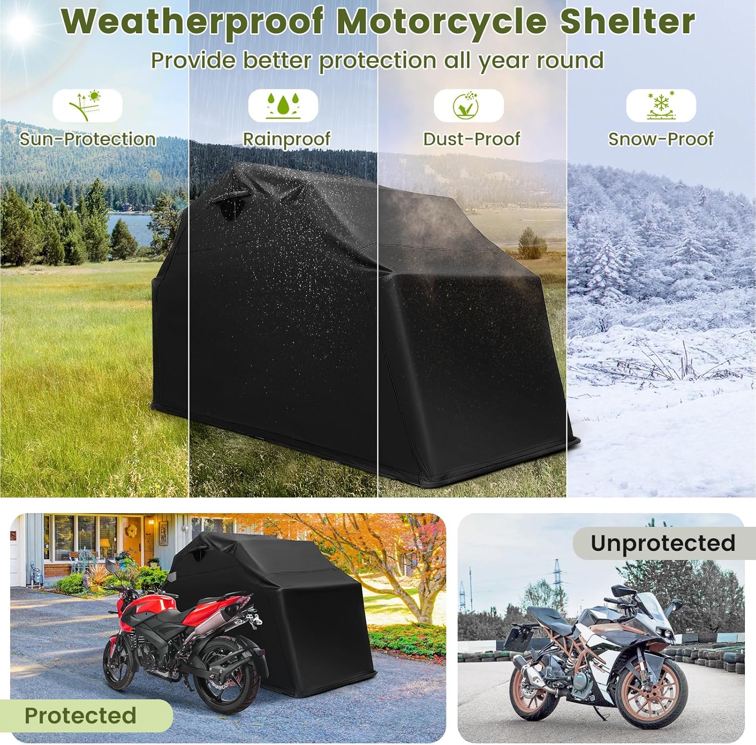 COSTWAY Large Motorcycle Tent, 342 x 137 x 193cm 600D Oxford Waterproof Motorbike Cover Shelter with Roll-up Mesh Windows & 8 Expansion Bolts, Folding Motorcycle Storage Shed