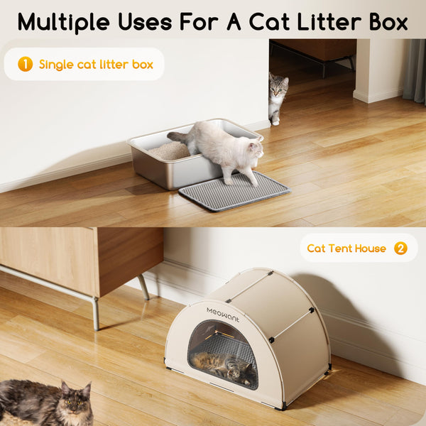 MeoWant Cat Litter Box Stainless Steel, Enclosed Litter Pan for Big Cat with Cloth Cover Canopy, Never Absorbs Odor, Non Stick Surface, XXL Extra Large Litter Tray, Detachable, Easy Clean, White
