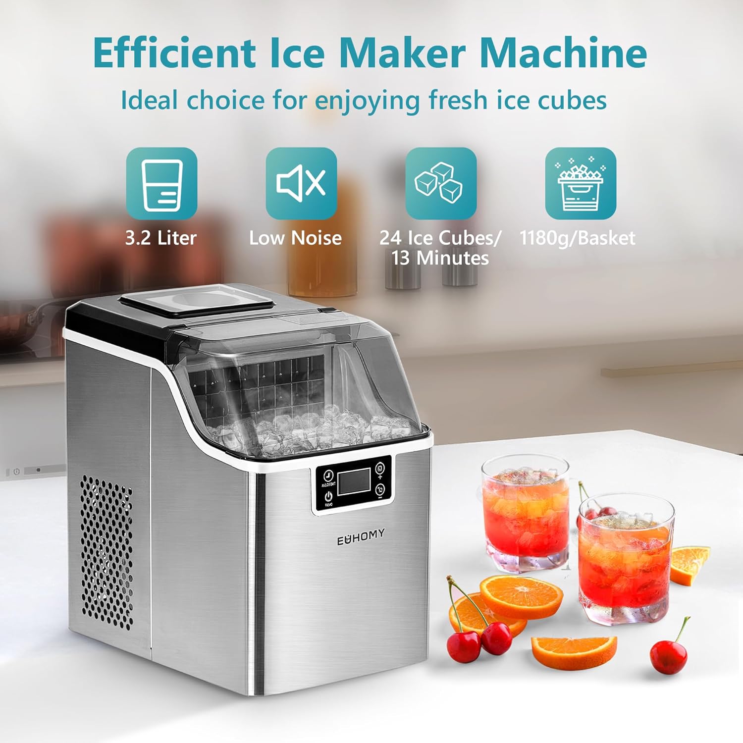 Ice Maker Machine Countertop Ice Cube Maker with Portable Handle, 9 Ice Cubes in 6 Mins, Self-Cleaning Compact Ice Maker 12 kg in 24 Hrs, with Ice Scoop and Basket for Home/Kitchen/Office/Bar