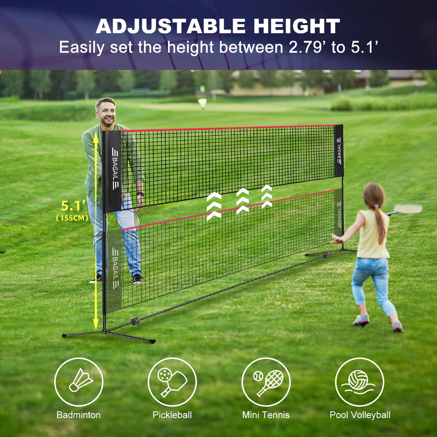 BAGAIL Badminton Net, Foldable Nylon Net, Hieght Adjustable Stand and Portable Carry Bag, Easy to Assemble or Disassemble, Ideal Recreational Sports Net for Tennis, Kids Badminton or Volleyball