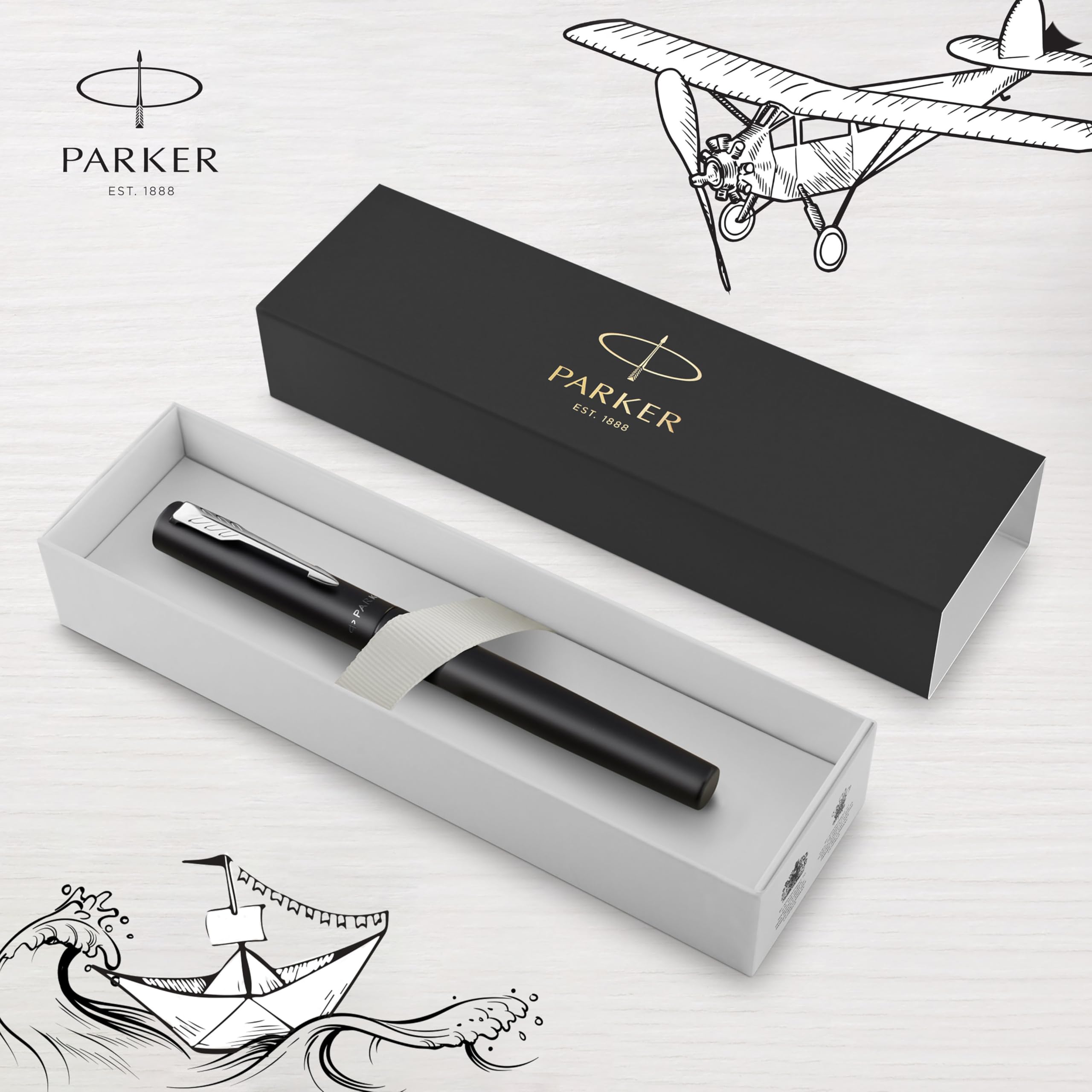 Parker Vector Fountain Pen | Black with Chrome Trim | Medium Nib | Blue Ink | Hangtab
