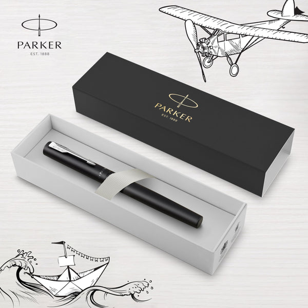 Parker Vector Fountain Pen | Black with Chrome Trim | Medium Nib | Blue Ink | Hangtab