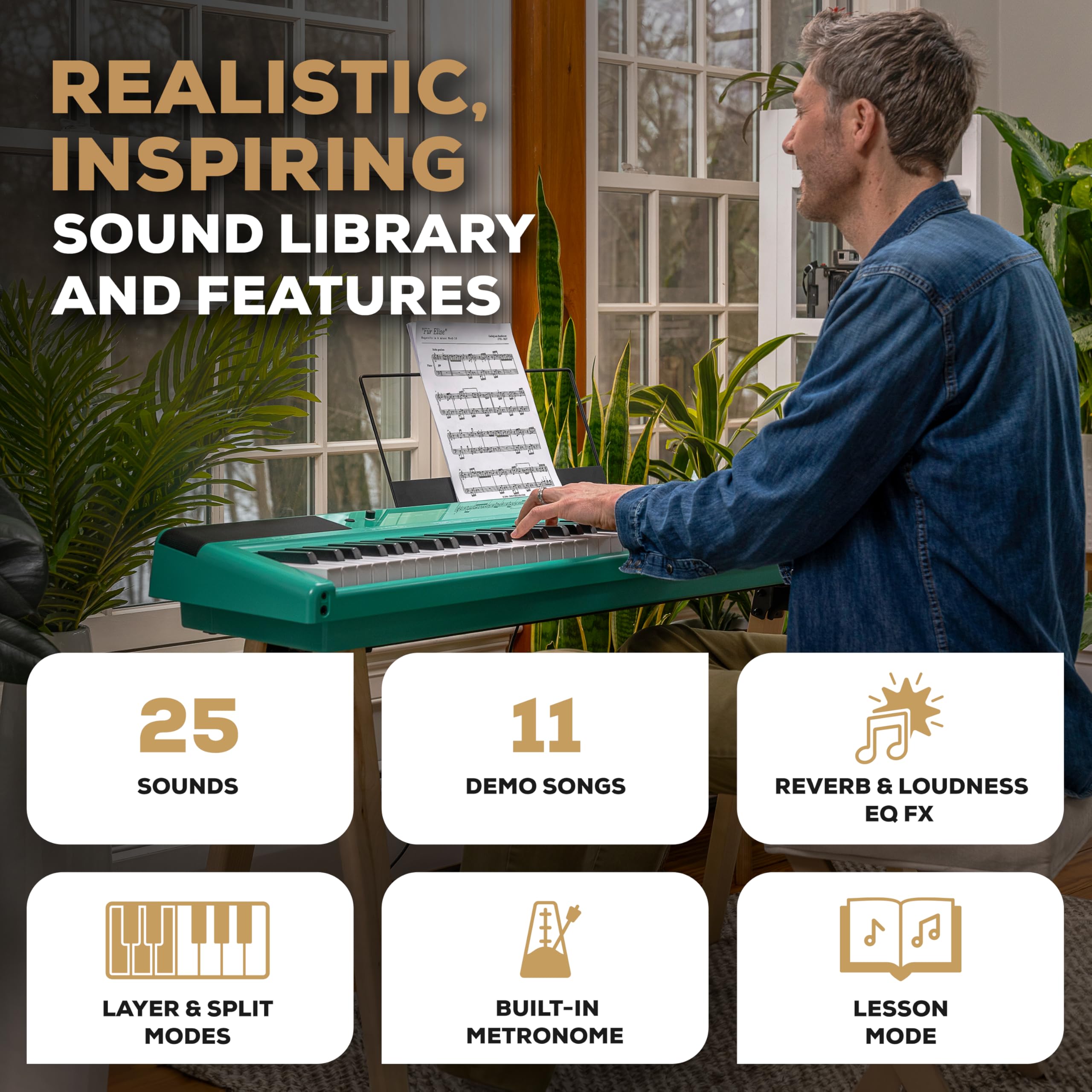 Alesis Recital Home Digital Piano with 88 Hammer Action Weighted Keys, Stand, Pedals and Lessons, Turquoise