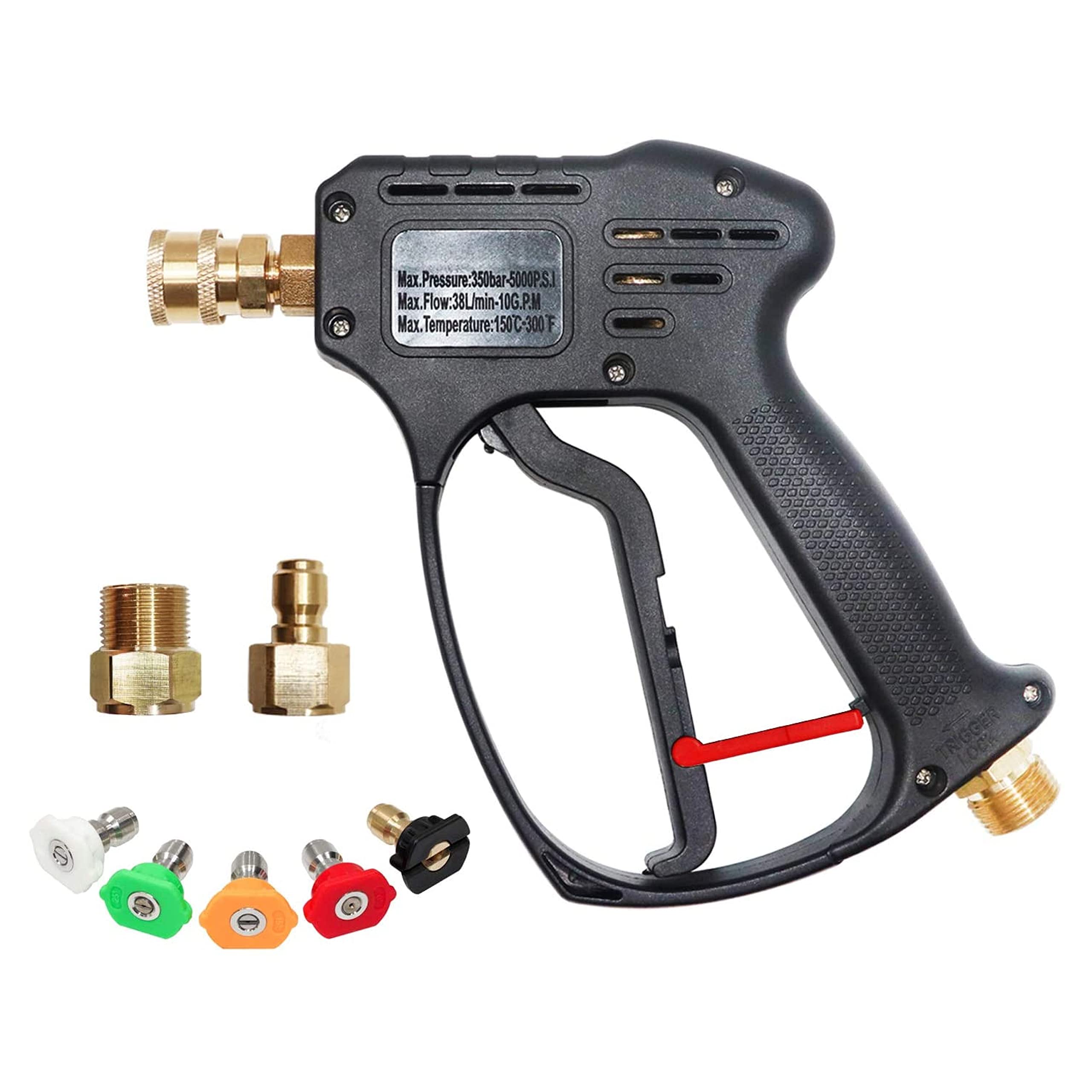 EDOU High Pressure Power Washer Short Gun Kit - Heavy Duty Brass and Stainless Steel - 5 Spray Nozzles, 3/8 Inch Quick Connector, 1/4 Inch