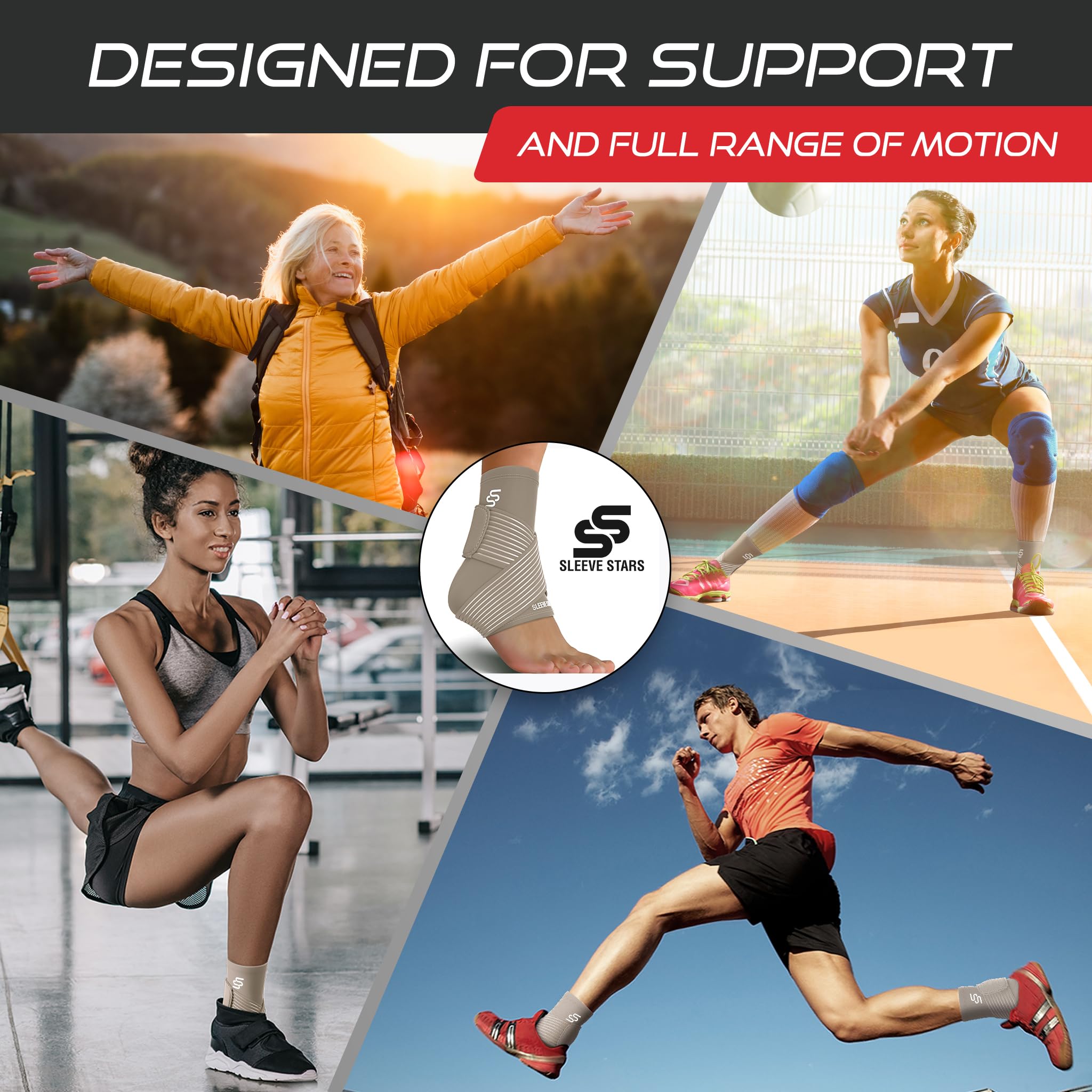 Sleeve Stars Ankle Brace for Sprained Ankle, Plantar Fasciitis Relief Ankle Support for Women & Men, Ankle Compression Sleeve w/Strap, Achilles Tendonitis Brace, Foot Brace Wrap (Single/Hot Pink)