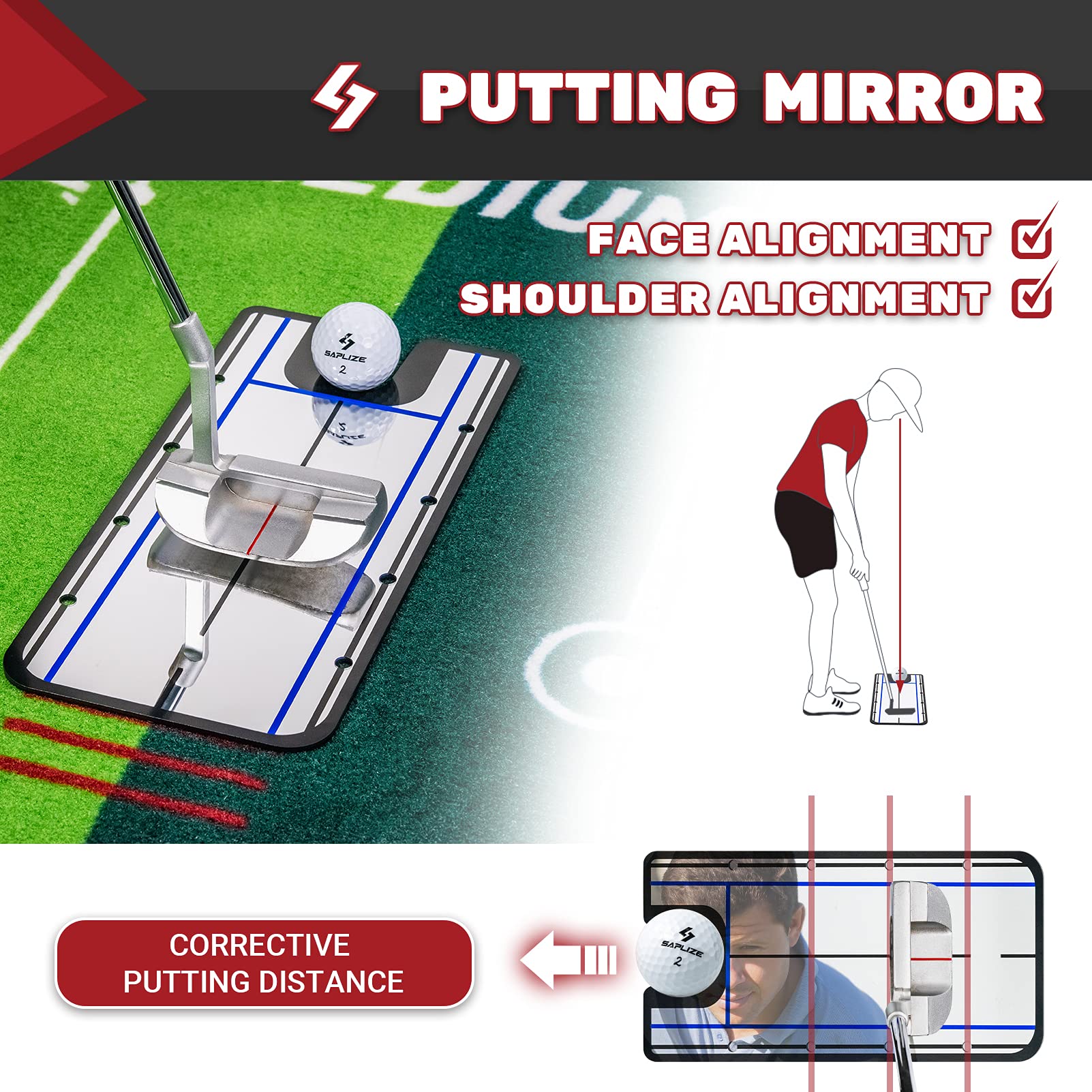SAPLIZE Two-Speed Golf Putting Practice Mat with Putting Alignment Mirror and Putting Cup, 20 in X 10 ft Putting Training Aid Mat, Anti-Slip Backing