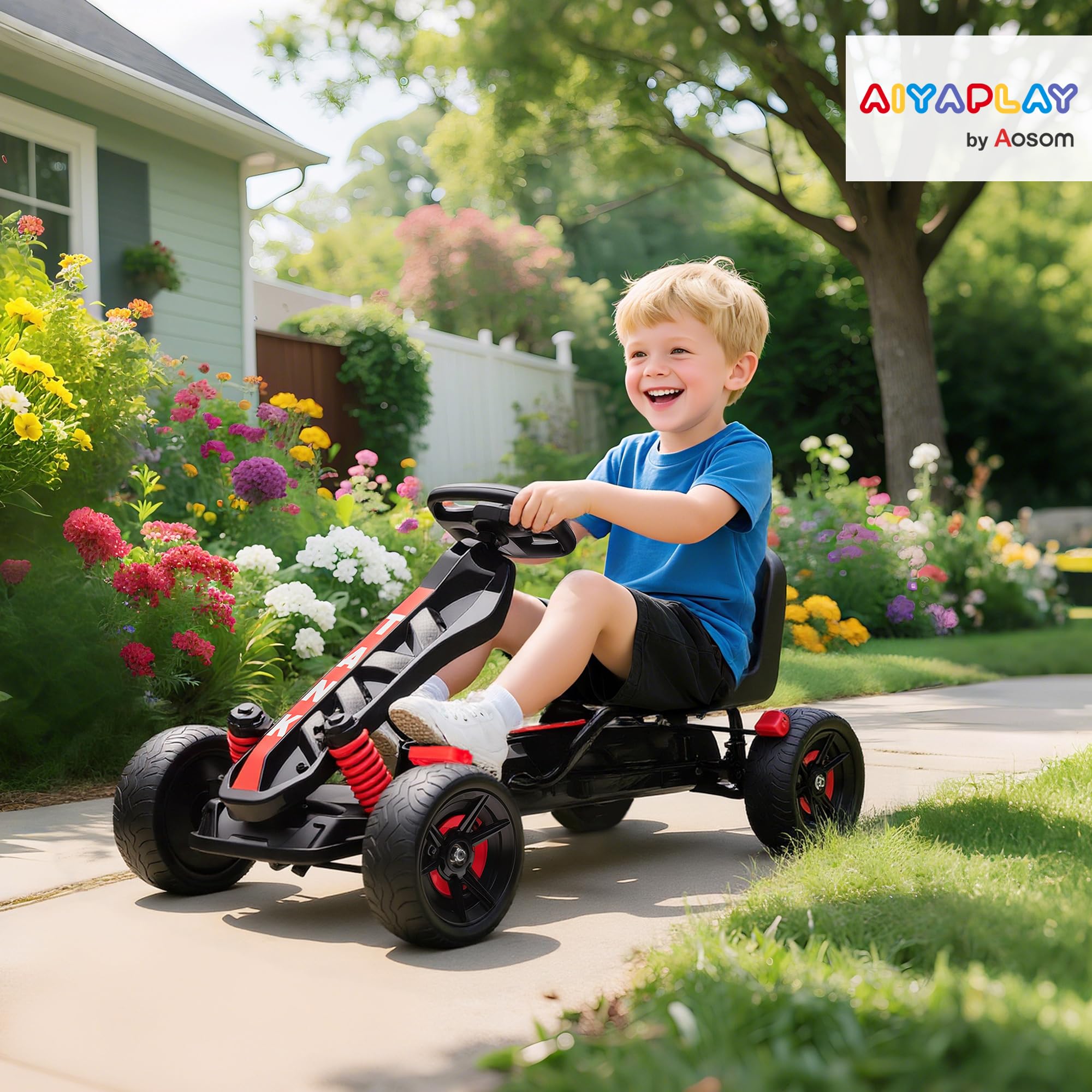 AIYAPLAY Pedal Go Kart, Ride on Racer with Freewheel System, Brake, Non-Slip EVA Wheels, Metal Frame, Go Kart for Kids Ages 3-6 Years, Pink