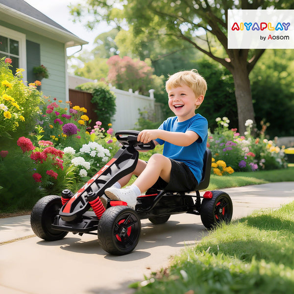 AIYAPLAY Pedal Go Kart, Ride on Racer with Freewheel System, Brake, Non-Slip EVA Wheels, Metal Frame, Go Kart for Kids Ages 3-6 Years, Pink