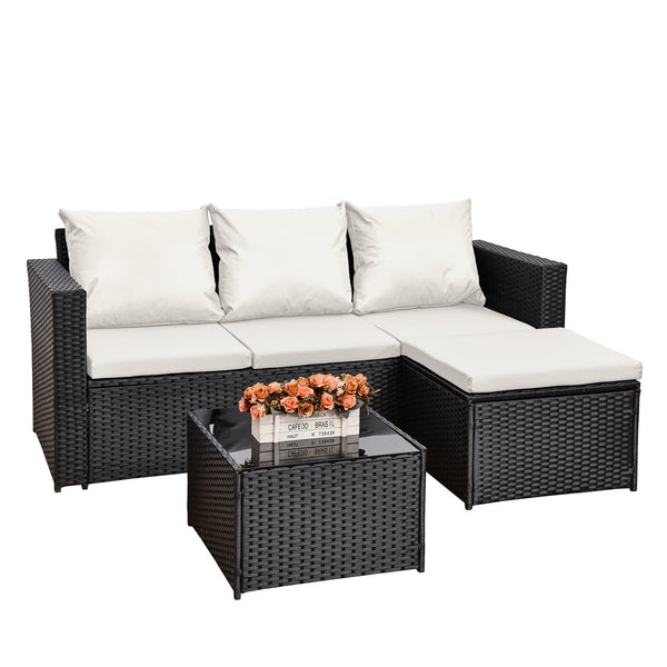 AOUXIN 3 Pieces Rattan garden furniture Patio Furniture Sets All Weather Outdoor Sectional Patio Sofa Manual Weaving Wicker Rattan Corner Sofa with Grey Cushions and Glass Table