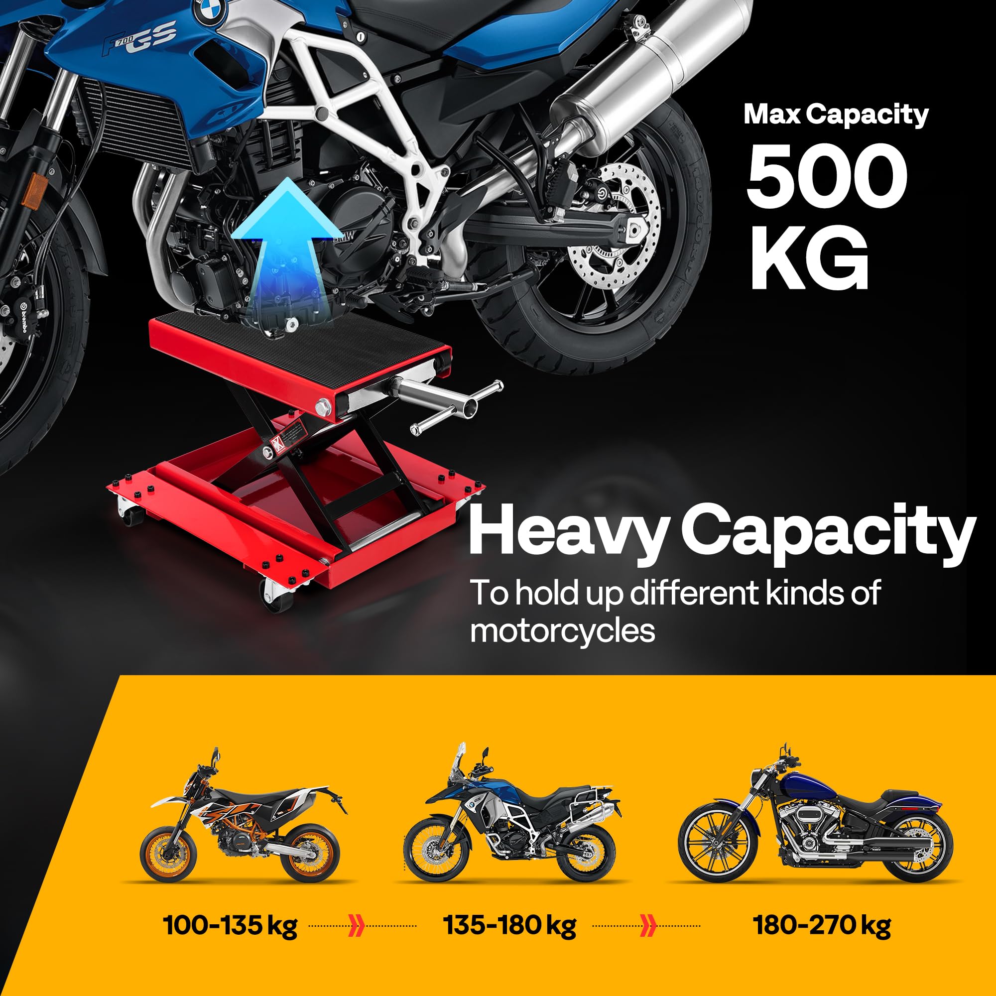 VIVOHOME Motorcycle Scissor Lift Jack Height Adjustable Heavy Duty Steel with Anti Slip Wide Deck Hoist Crank Center Stand 500KG Capacity for Motorcycles, ATVs, Dirt Bikes