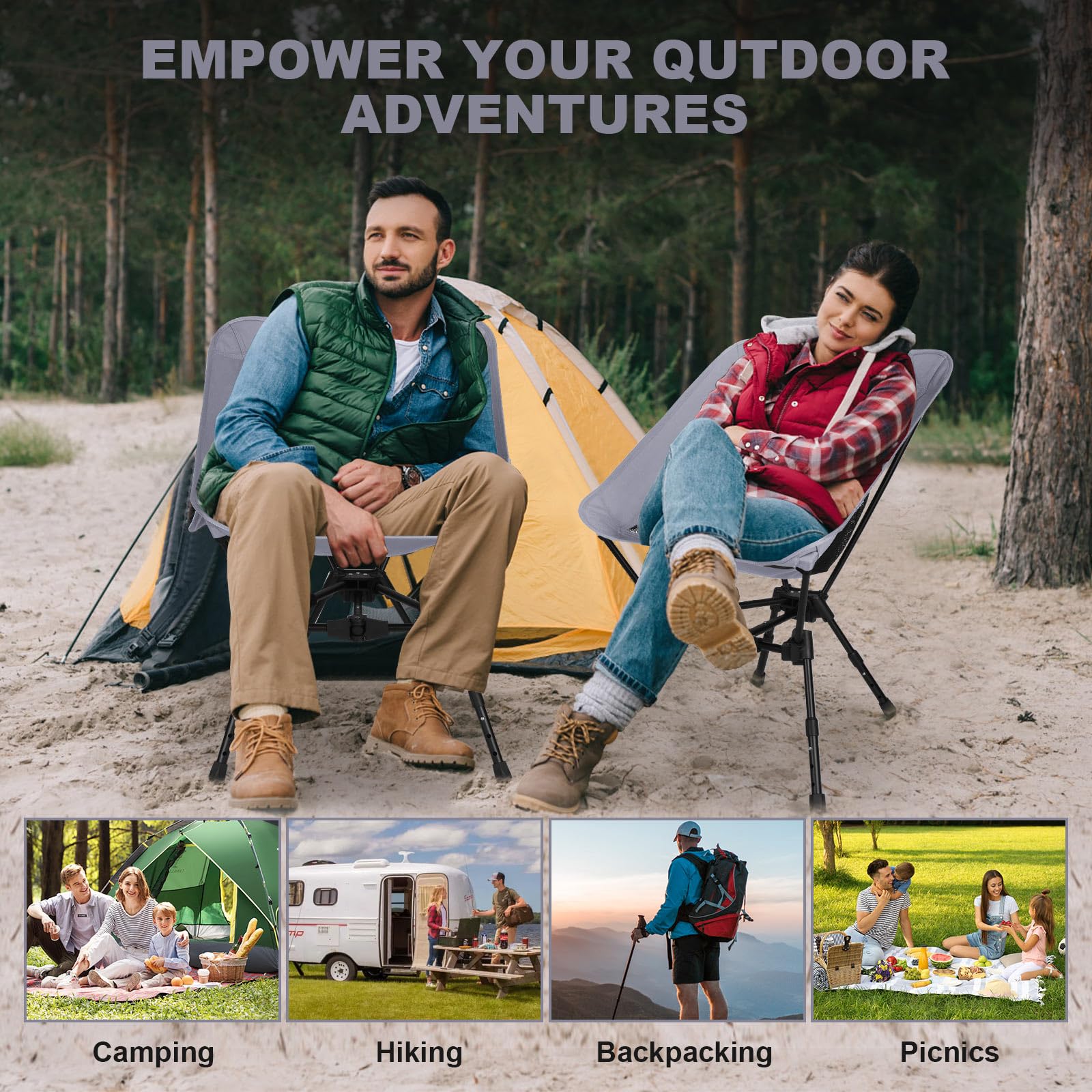 Portable Folding Camping Chair: Lightweight Height Adjustable Camping Chairs Stable Supports 330 Lbs with Side Pockets for Outdoor Camp, Travel, Beach, Lawn (Black)