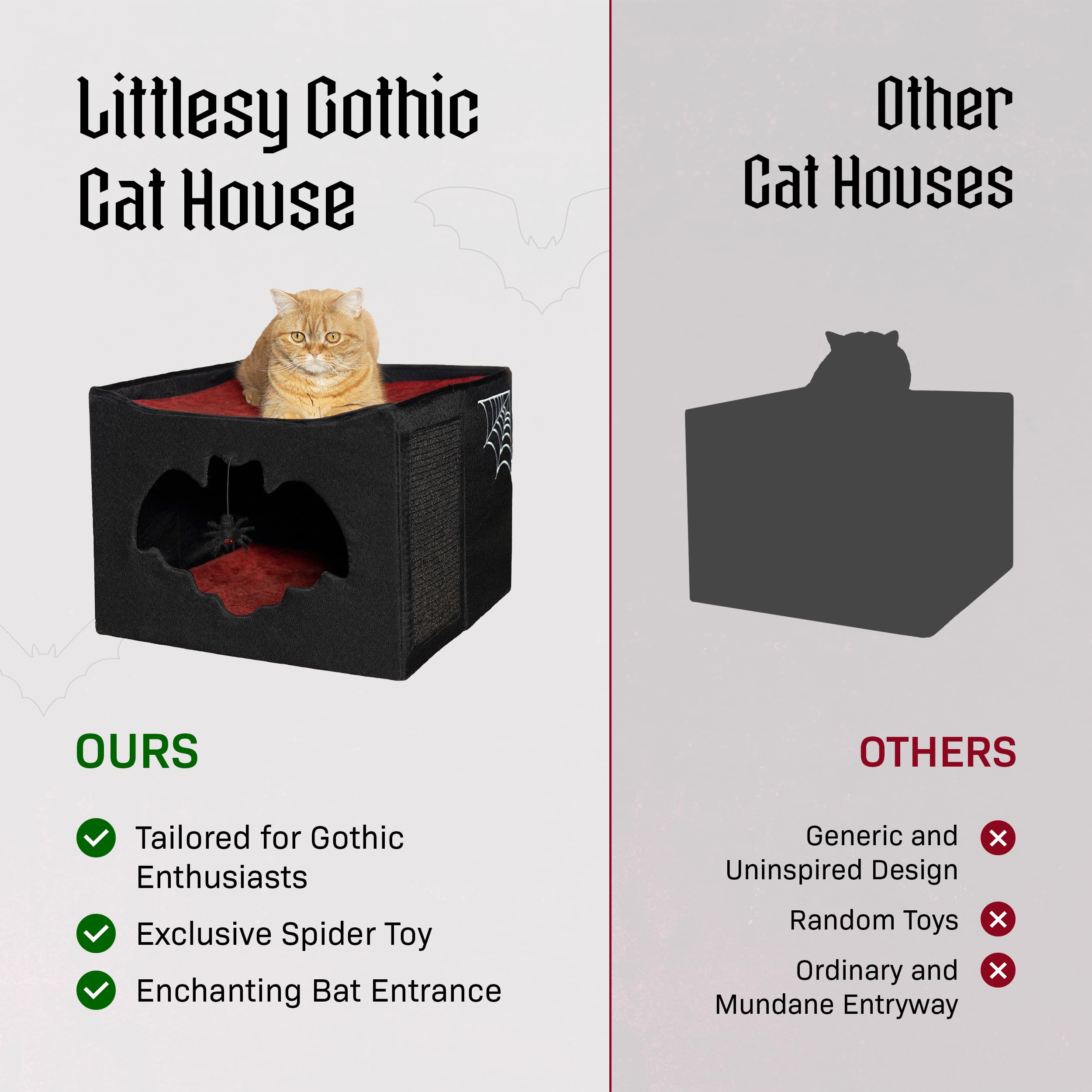 Gothic Cat Bed for Indoor Pets, Foldable Halloween House, 17x17x12.8, Bat Entry, Spider Toy, Scratch Pad, Soft Cushion, Gothic Style, Black & Red