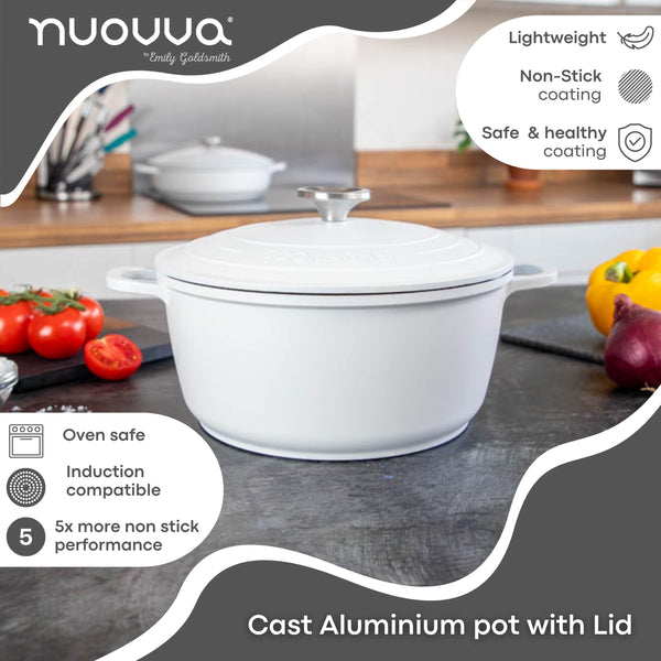 Casserole Dishes with Lid Oven Proof  Non Stick Deep Dutch Oven  Induction Cooking Pot  Oven Safe Aluminium Stockpot  4L, 24cm, Cream  by Nuovva