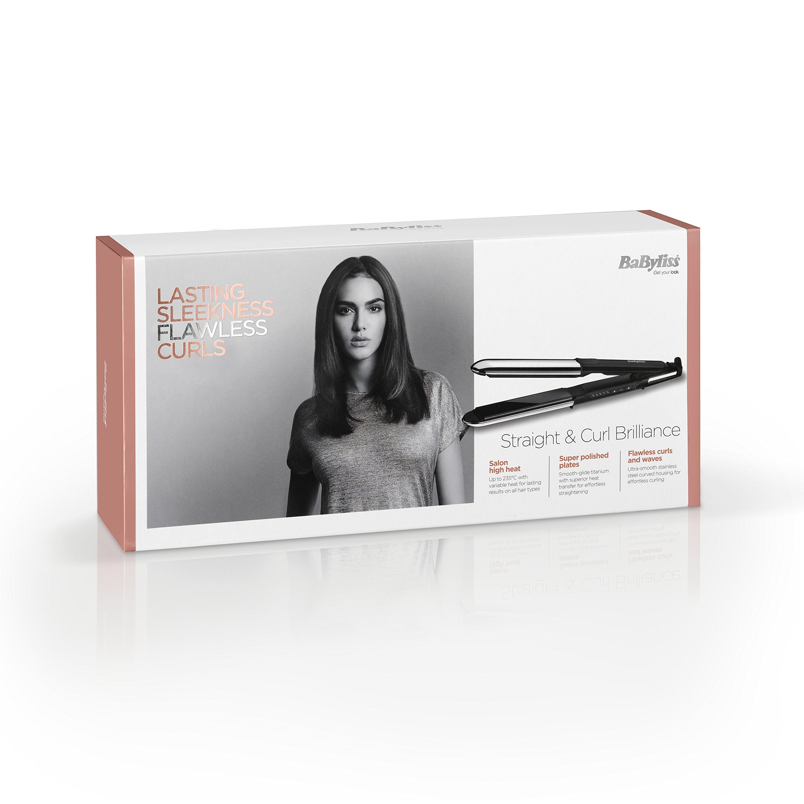 BaByliss Straight and Curl Brilliance Hair Straighteners - Curved Metal Design Easy Styling, Smoothing Titanium Plates, Ionic Anti-Frizz, Fast 15 Second Heat Up, 5 Heat Settings Up to 235°C, 2481U