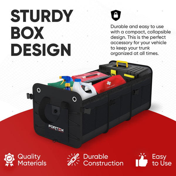 FORTEM Car Boot Organiser, SUV Boot Tidy, Trunk Storage, Collapsible Multi Compartment Car Organiser, Non Slip Bottom, Adjustable Securing Straps, Foldable Cover (65L)
