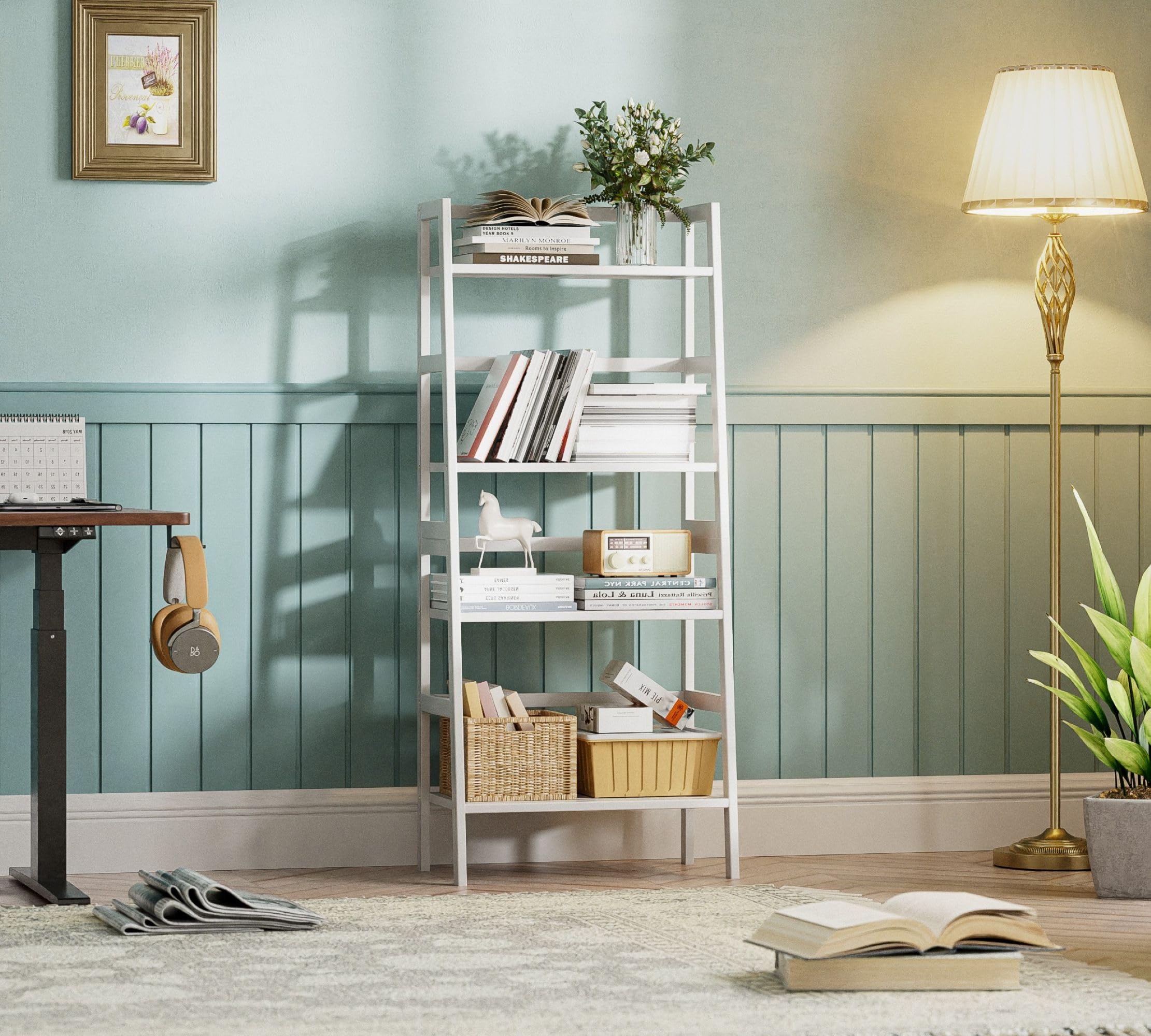 HITNET White Ladder Bookshelf, Leaning Bookcase, 4-Tier Bamboo Shelf, Floor Standing Storage Shelving Unit, Open Display Book Shelves