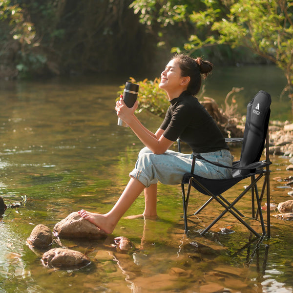 Voyager Folding Camping Chairs 2 Pack with Cooler Bag, Lightweight Q195 Steel Frame, 600D Oxford Fabric, Portable & Comfortable - Black (Black, Padded)