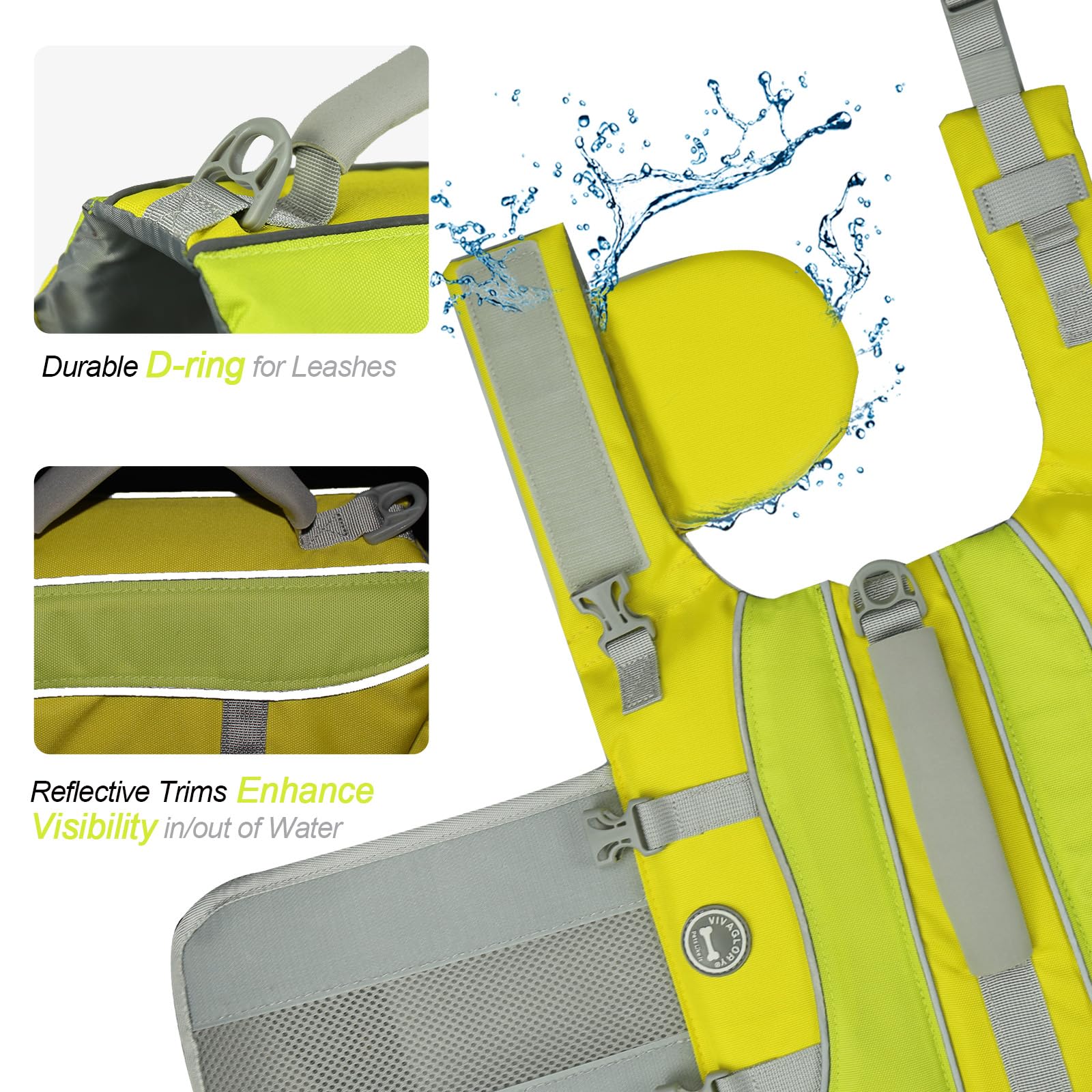 VIVAGLORY Front Float Dog Life Jacket, Dog Buoyancy Aid for Swimming & Boating, Life Vest with Chin Float & Handle, Ripstop & Buoyancy for Doggy, L, Yellow Grey