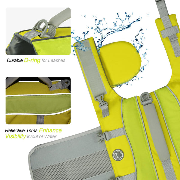 VIVAGLORY Front Float Dog Life Jacket, Dog Buoyancy Aid for Swimming & Boating, Life Vest with Chin Float & Handle, Ripstop & Buoyancy for Doggy, L, Yellow Grey