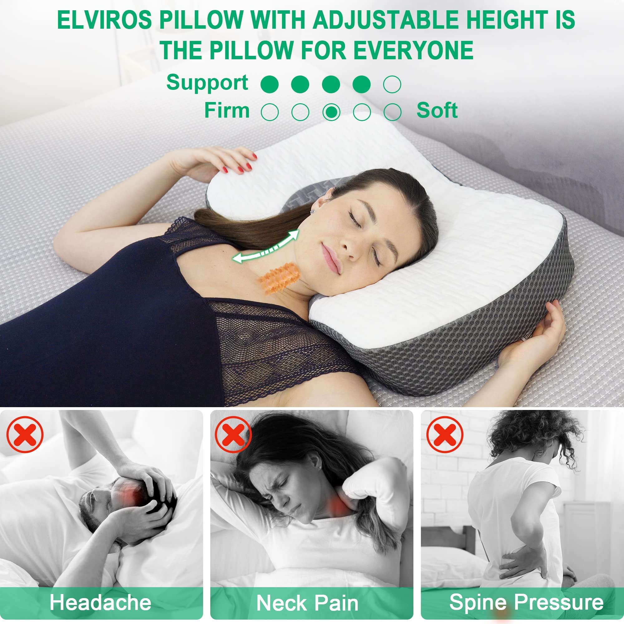Elviros Cervical Memory Foam Neck Pillow for Side Sleeping, Orthopedic Pillows for Back and Stomach Sleepers, Adjustable Ergonomic Bed Pillow Pain Relief (White)