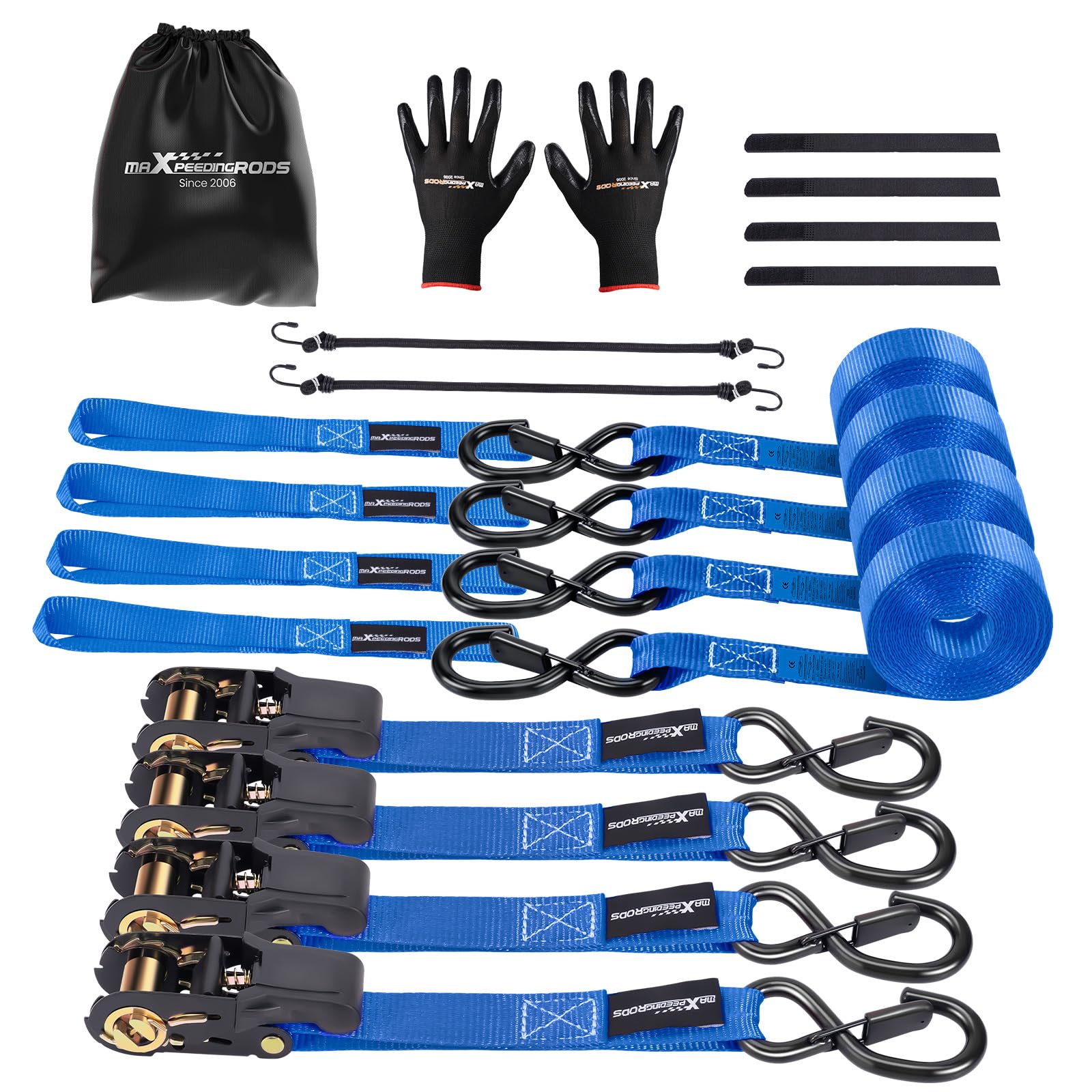 maXpeedingrods 4x 997kg Tie Down Straps 15ft (4.5m), Ratchet Straps 2200lb, Lashing Straps 25mm, Straps with safety clip S-hooks, motorcycle tie down straps, EN 12195-2 - Blue