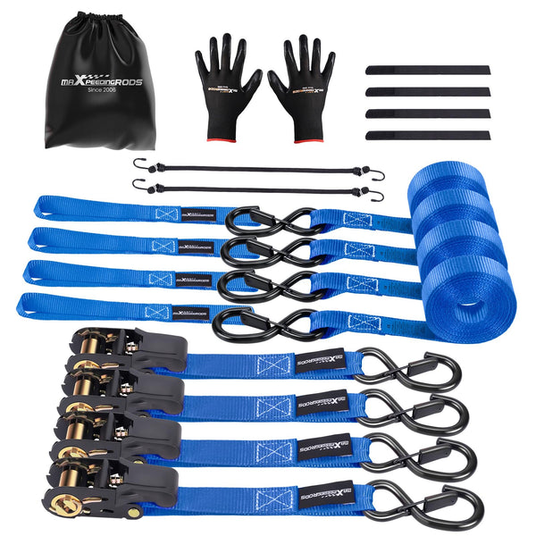maXpeedingrods 4x 997kg Tie Down Straps 15ft (4.5m), Ratchet Straps 2200lb, Lashing Straps 25mm, Straps with safety clip S-hooks, motorcycle tie down straps, EN 12195-2 - Blue