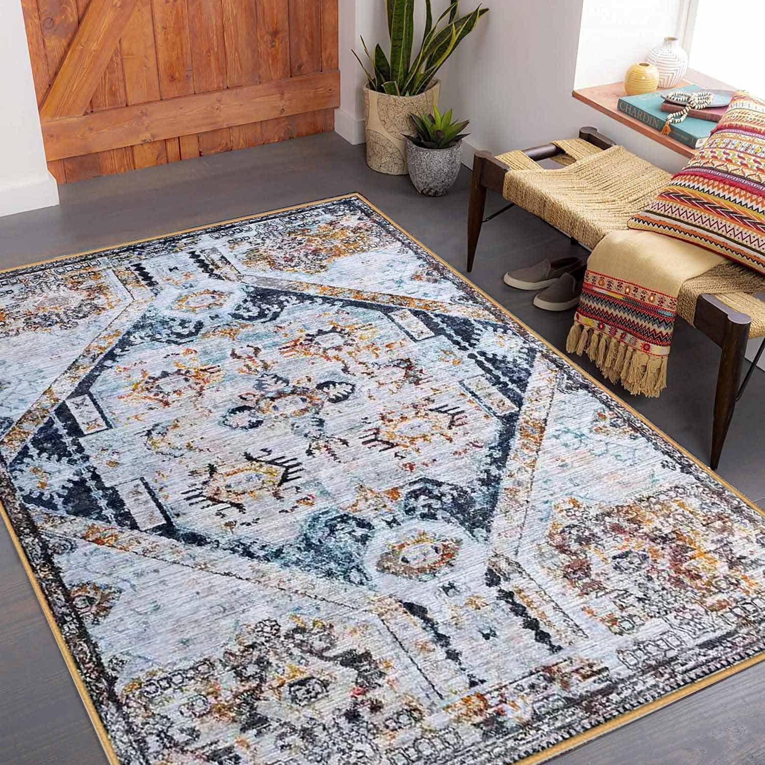 Calore Vintage Area Rugs Living Room Rug, Non-Slip Soft Short Pile Carpet for Easy Clean, Chic Traditional Rug for Living Room Bedroom Dining Room