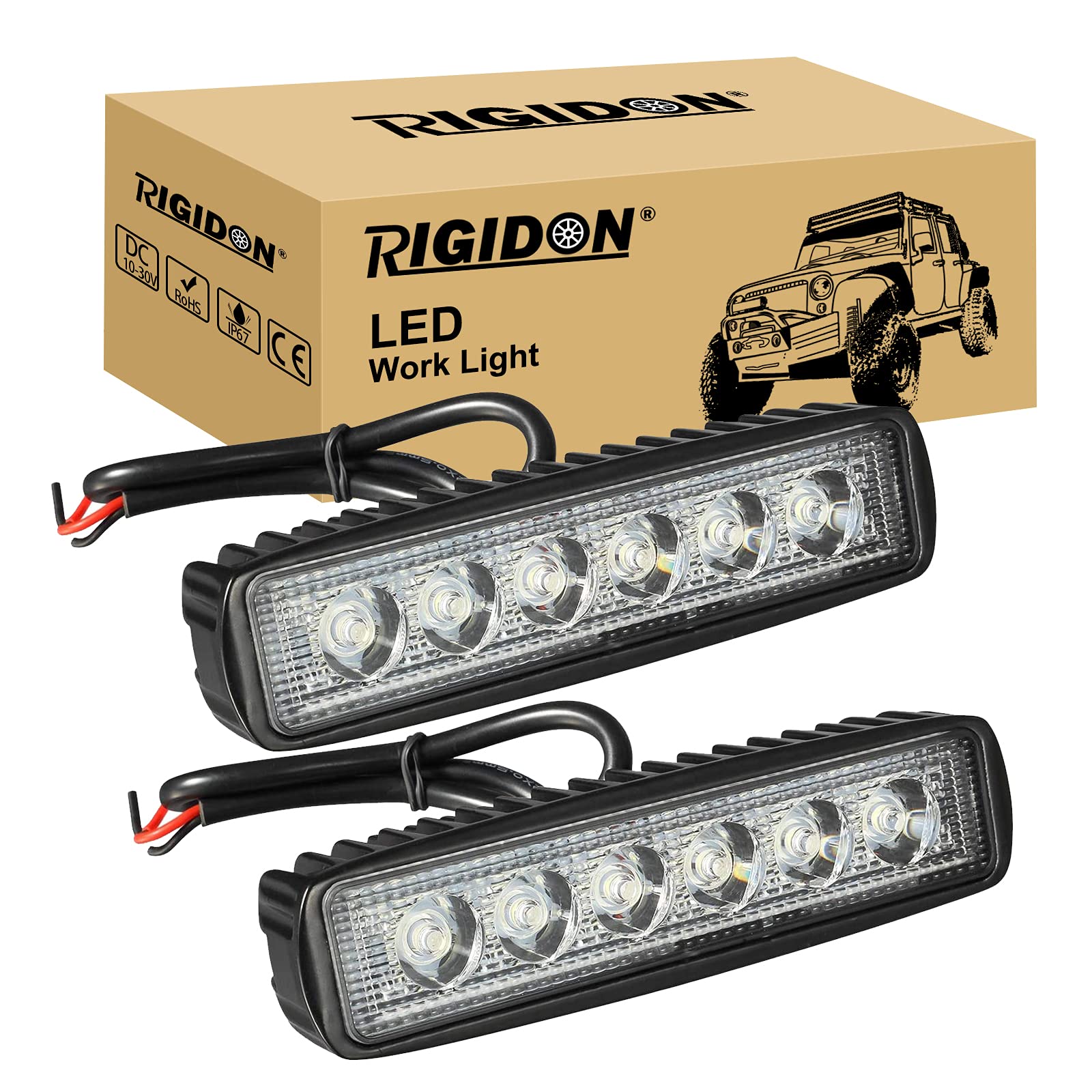 RIGIDON 2 Pcs Led Work Light Bar, 6 inch 18W Flood Beam, 12V 24V Driving Lights Lamp for Car Off road Boat Truck 4x4 SUV ATV Tractors Excavator, 6000K White, Fog Lamp