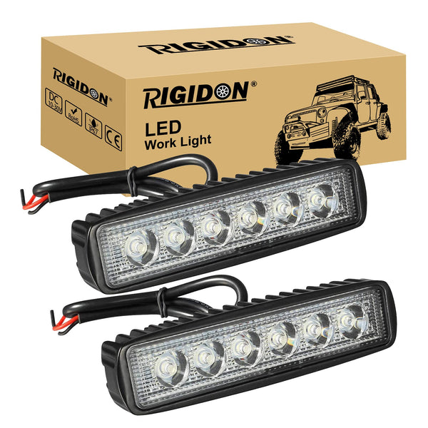 RIGIDON 2 Pcs Led Work Light Bar, 6 inch 18W Flood Beam, 12V 24V Driving Lights Lamp for Car Off road Boat Truck 4x4 SUV ATV Tractors Excavator, 6000K White, Fog Lamp