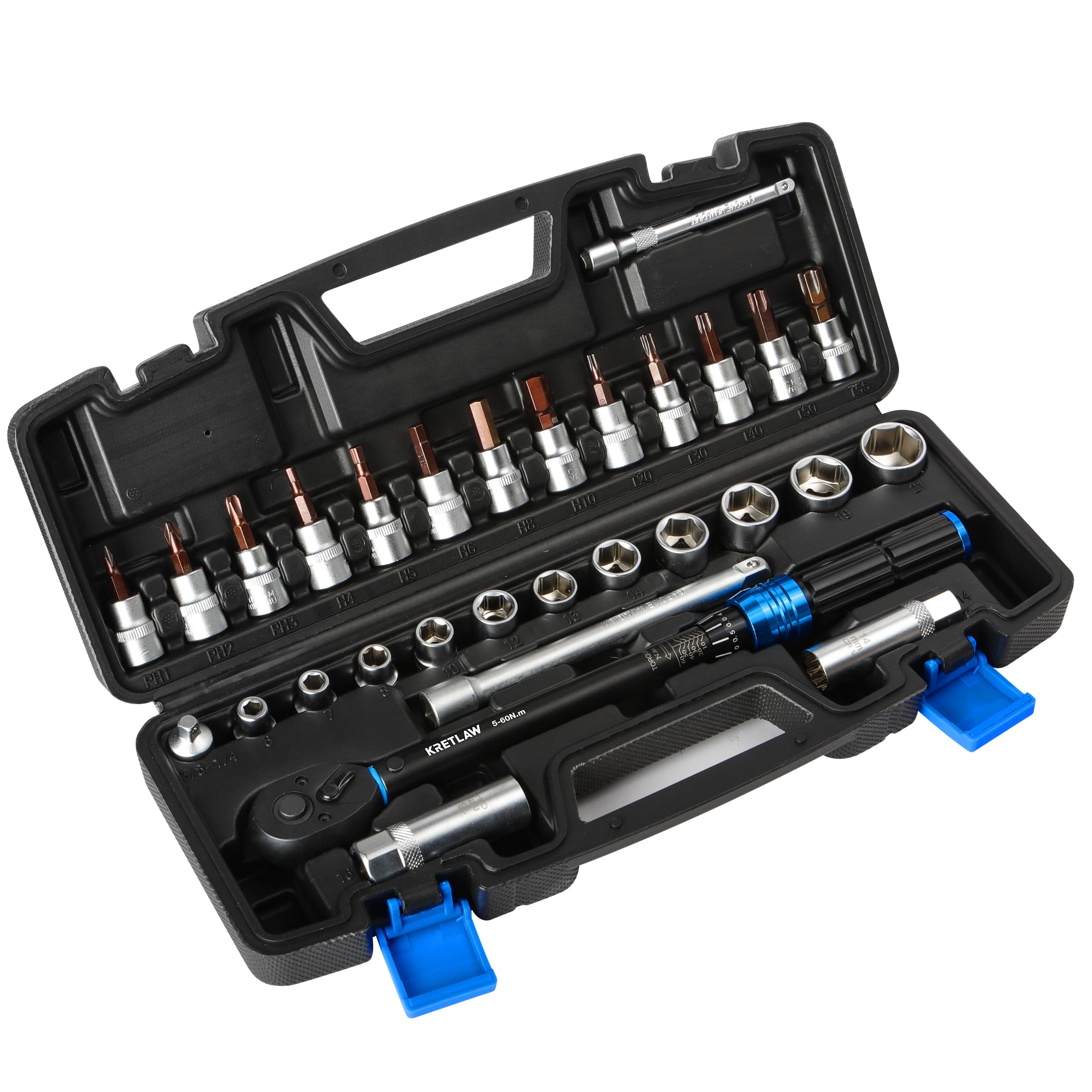 KRETLAW 3/8" Torque Wrench Set 30PCs, 5-60 Nm Drive Click Torque Wrench (72 Teeth ±3% Accuracy) with Extensions, Sockets, Adapter for Bike and Motorcycle Car Truck Maintenance