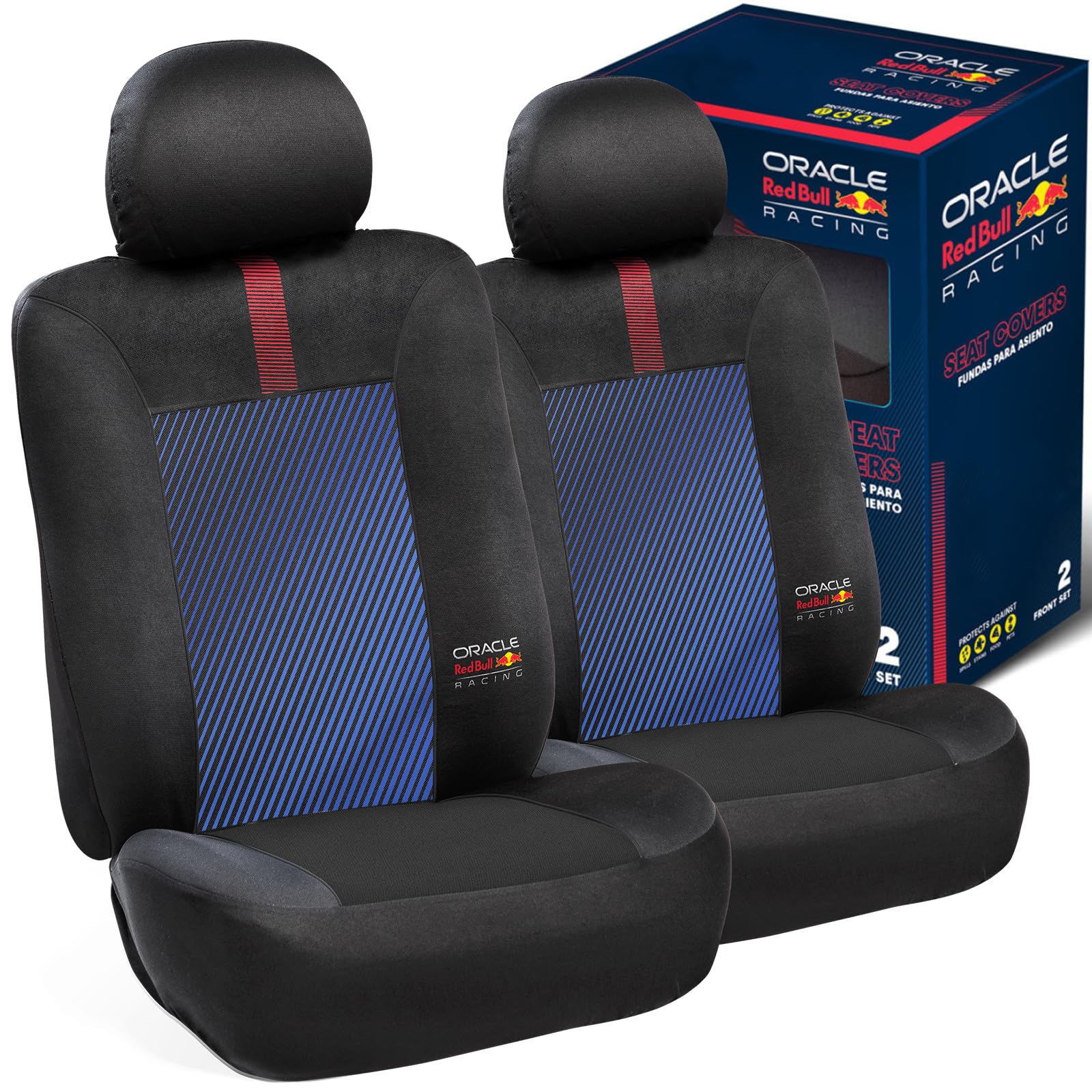 Red Bull Racing Seat Covers Front Pair – Universal Fit, Durable Material with Blue & Black Striped Back, Red Power Bar Graphic & Oracle Red Bull Racing Logo, Protects Spills & Damage (FRONT PAIR)