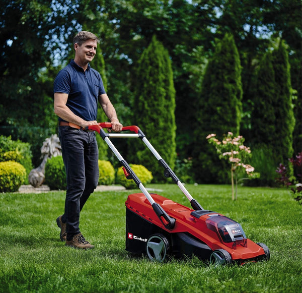 Einhell Power X-Change 36/43 Cordless Lawnmower With Battery (x2) and Charger (x2) - 36V, 43cm Cutting Width, 63L Grass Box, 6 Cutting Heights, Mulching - GE-CM 43 Li M Battery Lawn Mower Red / Black