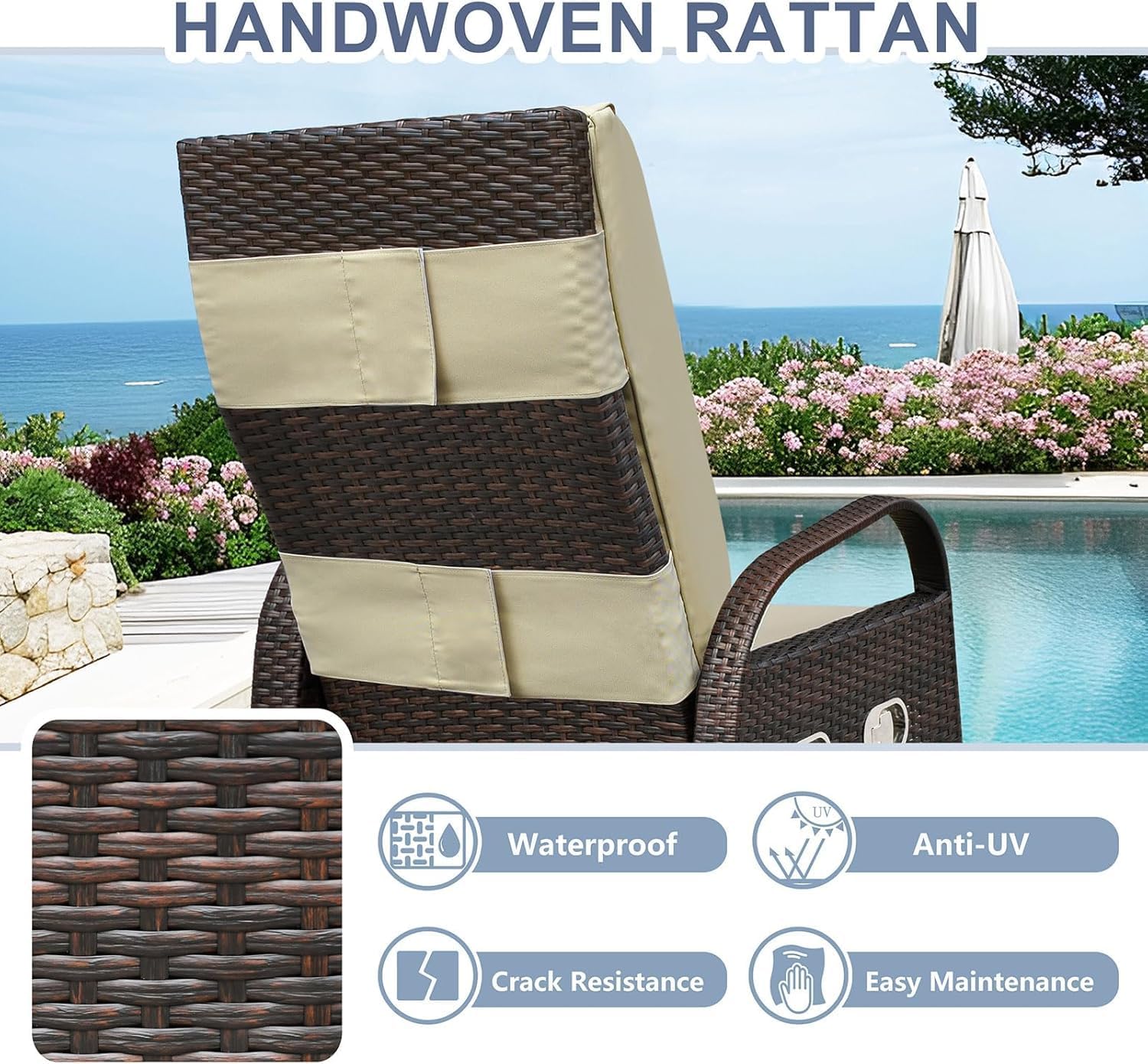 ATR ART TO REAL Rattan Garden Recliner Chairs,Sun Loungers for Outdoor Patio Furniture,2 Buckles Adjustable Backrest & Footrest Separately,All Weather Use Hand-woven Reclining Garden Chair,Khaki