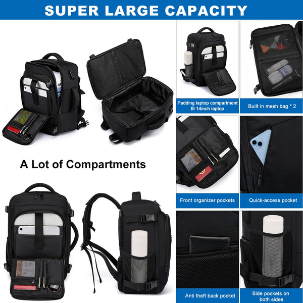 Cabin Bags 40x20x25 for Ryanair Underseat 20L Small Travel Hand Luggage Backpack Carry-ons Bag Cabin Size for Airplanes Flight Bag Travel Rucksack Fit 14 Inch Laptop with USB Charging Port-Black